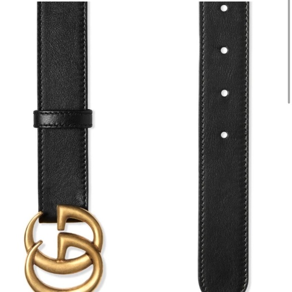 Gucci GG Thin Leather Belt with Double G Buckle Black Gold 70 - Picture 2 of 8